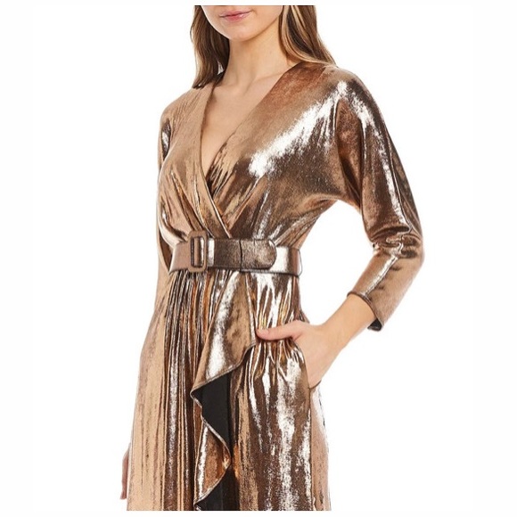 🚨SOLD🚨‼️‼️ Eliza J Surplice 3/4 Sleeve Metallic Foil Belted Wrap Front Gown - Picture 3 of 7